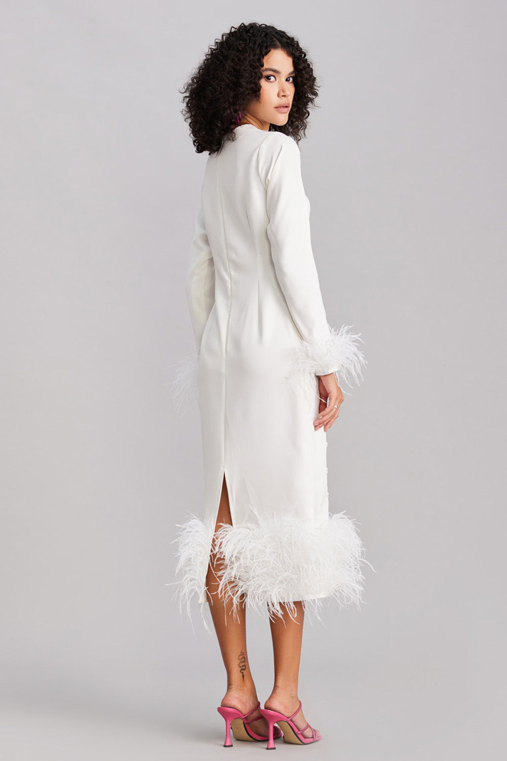 White Feather & Lace Bodycon Midi Dress