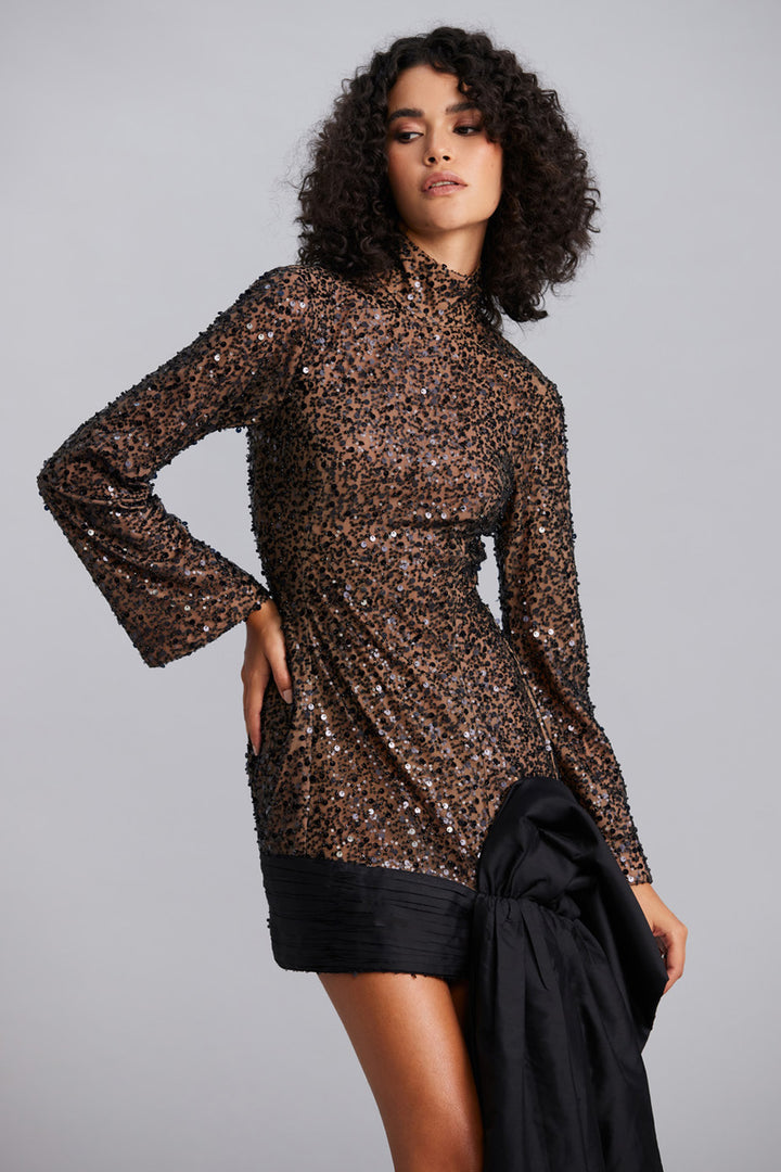 Noir Sequin Draped Mini Dress