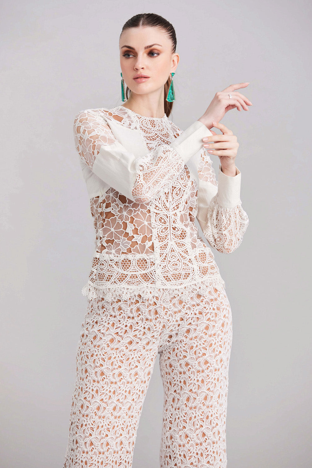 White Lace & Linen Top & Pants Set