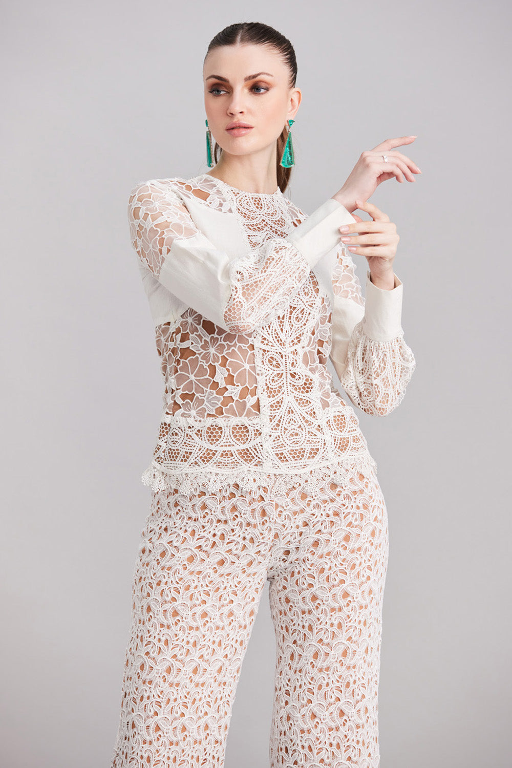 White Lace & Linen Top & Pants Set