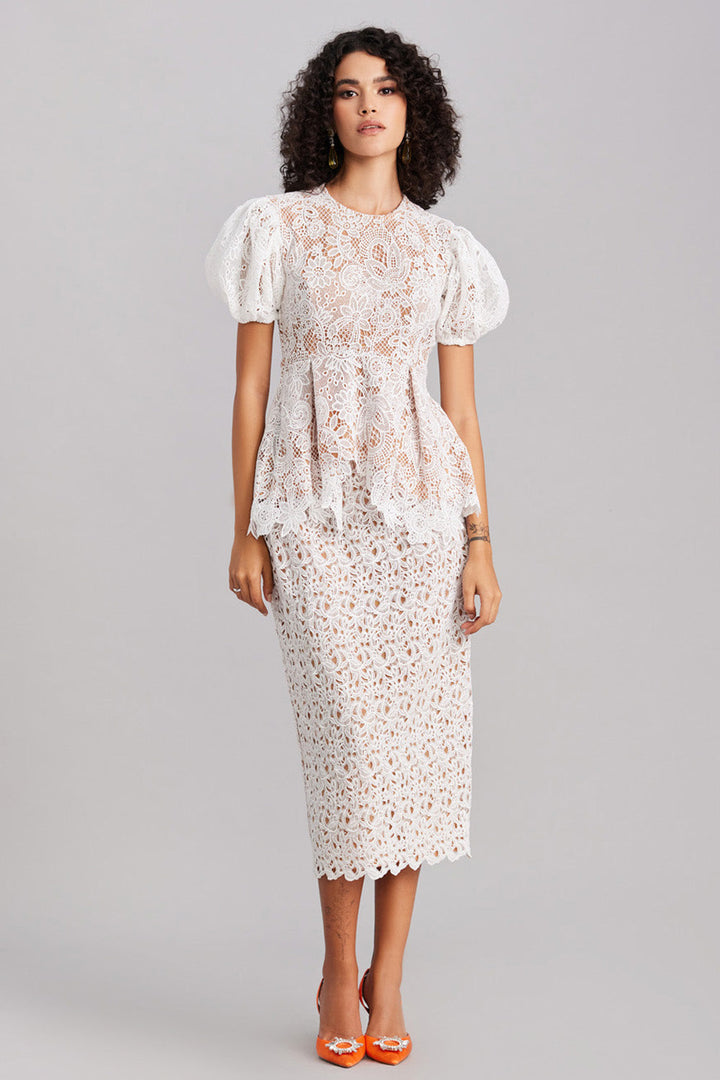 White Lace Peplum Top & Midi Skirt Set