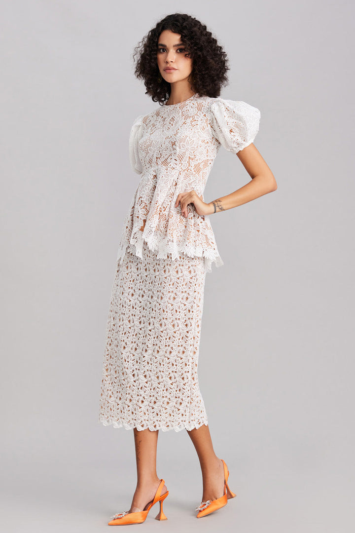 White Lace Peplum Top & Midi Skirt Set