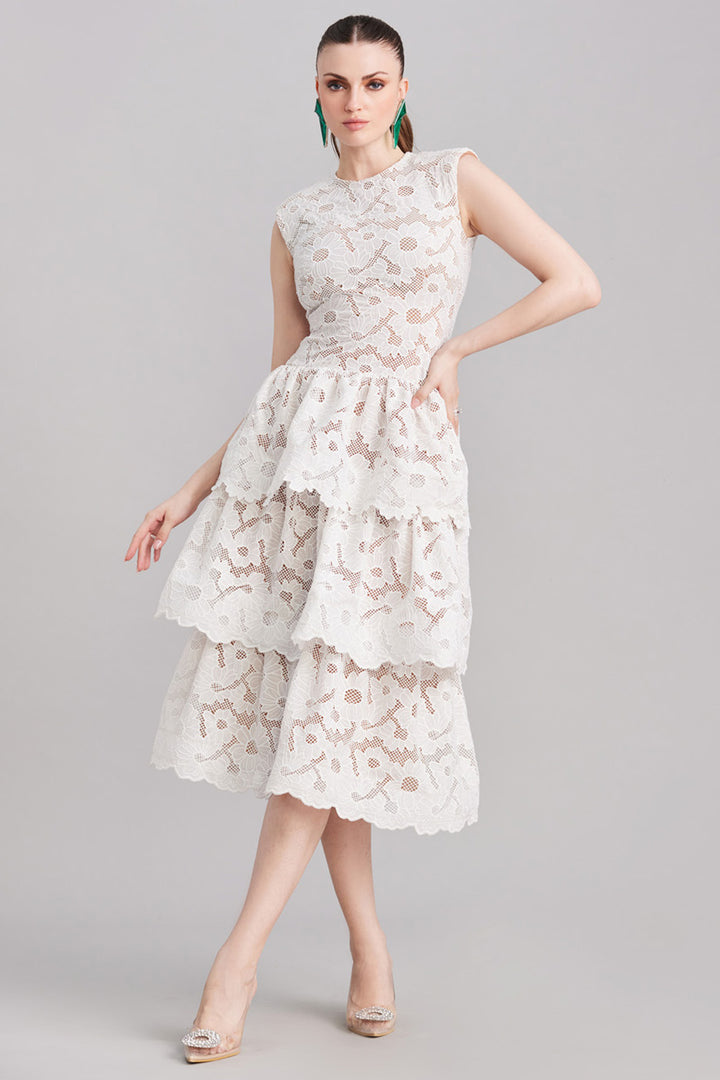 White Floral Lace Layered Midi Dress