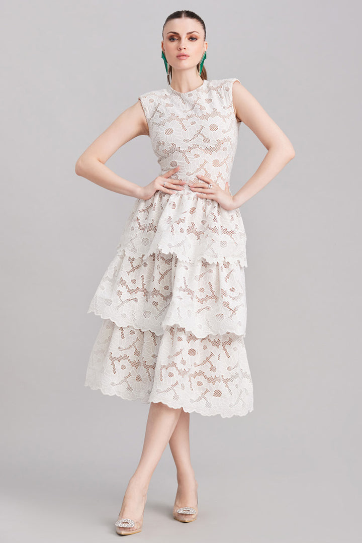 White Floral Lace Layered Midi Dress