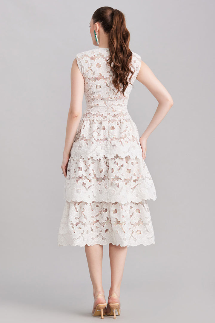 White Floral Lace Layered Midi Dress