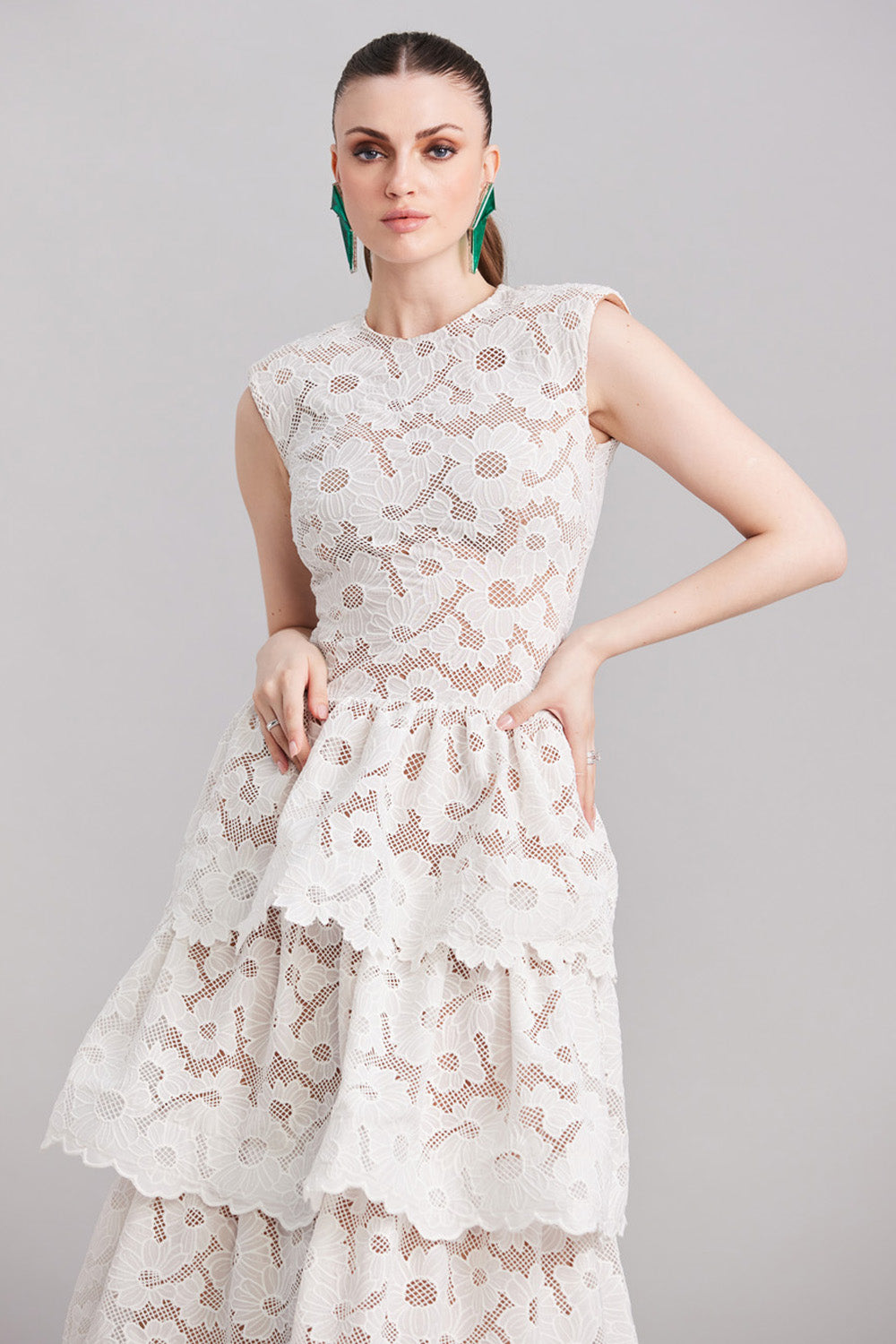 White Floral Lace Layered Midi Dress