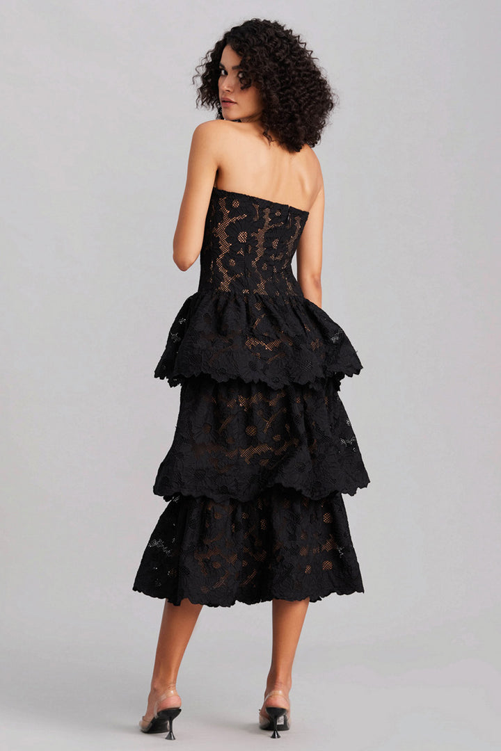 Black Floral Lace Layered Tube Midi Dress