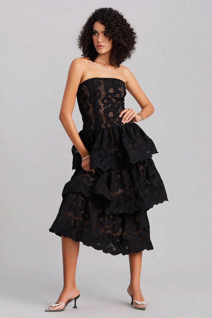 Black Floral Lace Layered Tube Midi Dress