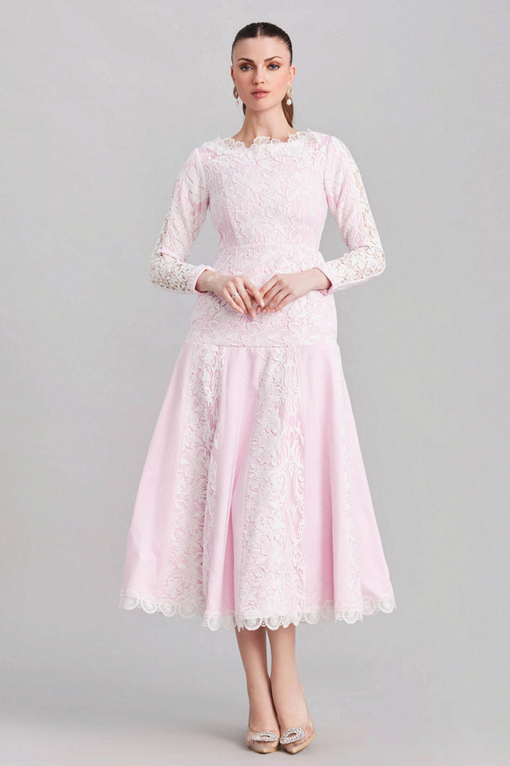 White & Pink Panelled Lace Dress