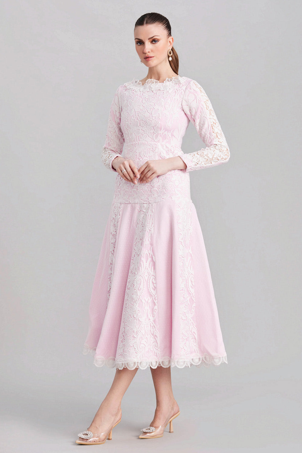 White & Pink Panelled Lace Dress