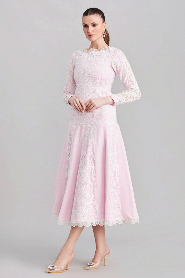 White & Pink Panelled Lace Dress