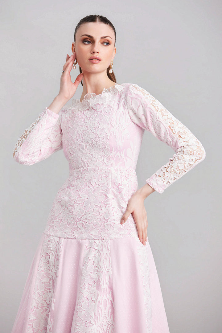 White & Pink Panelled Lace Dress