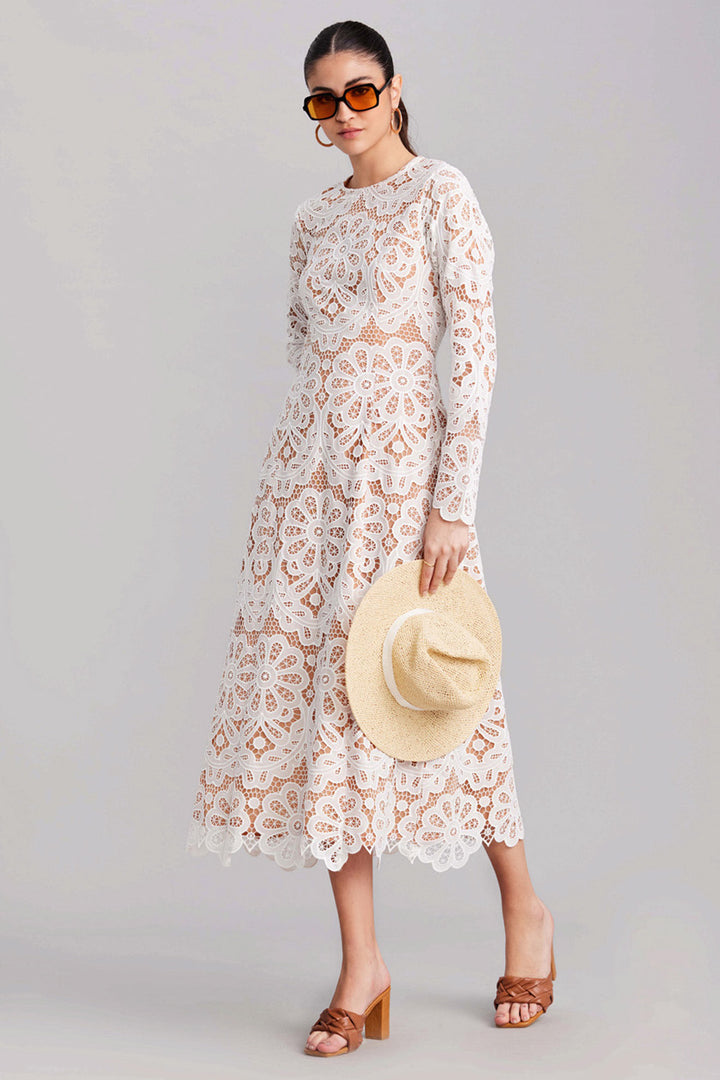 White & Beige Lace Midi Dress