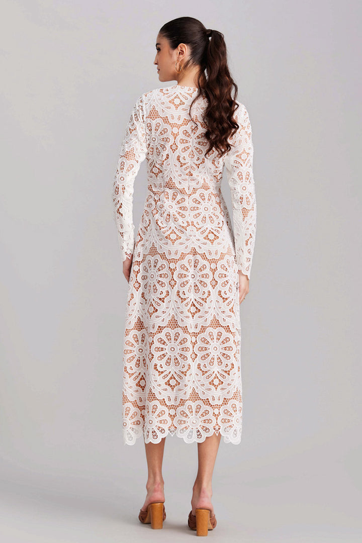 White & Beige Lace Midi Dress