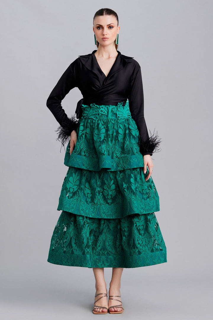 Green Textured Layered Skirt