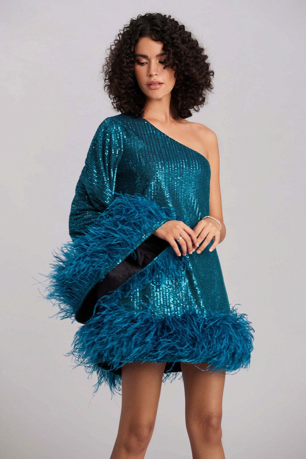 Peacock Blue Sequin Feather Midi Dress