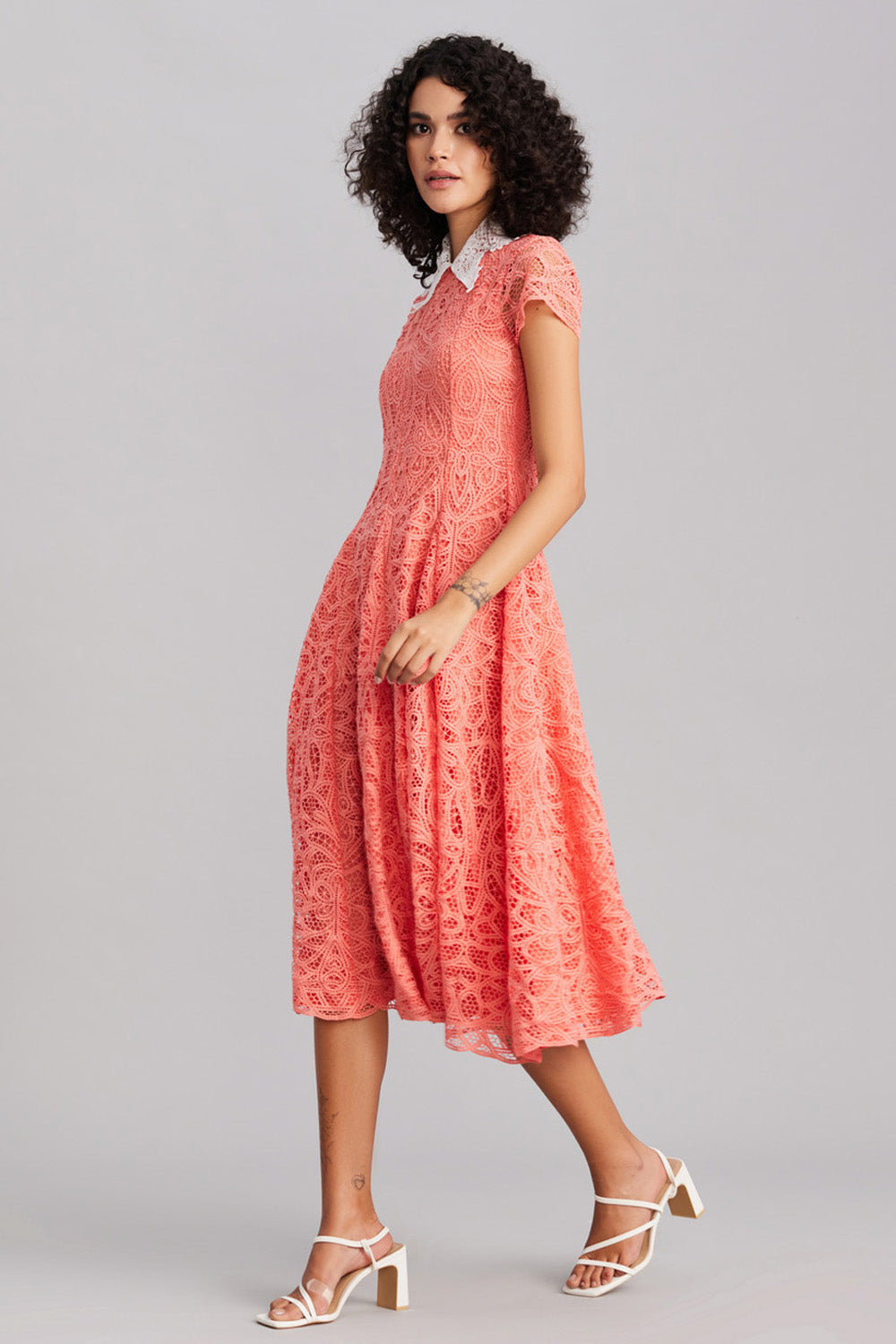 Peach Lace Collar Midi Dress