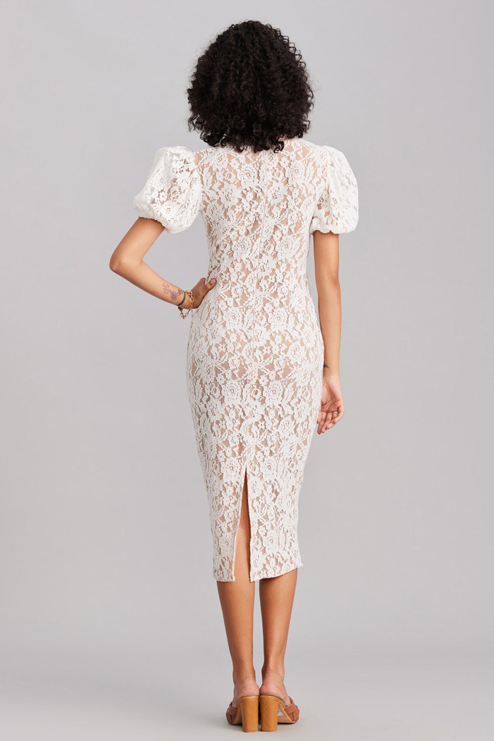 White Lace Puff Sleeve Midi Dress