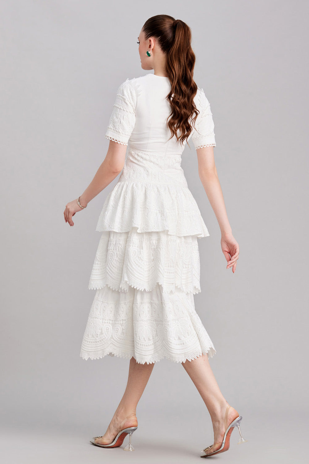 White Layered Linen And Lace Midi Dress