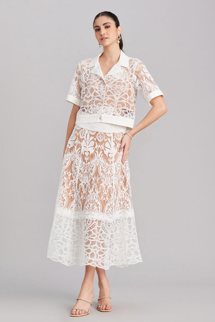 White Lace Cropped Jacket & Flared Skirt Set