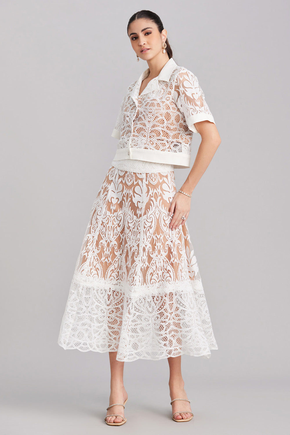 White Lace Cropped Jacket & Flared Skirt Set