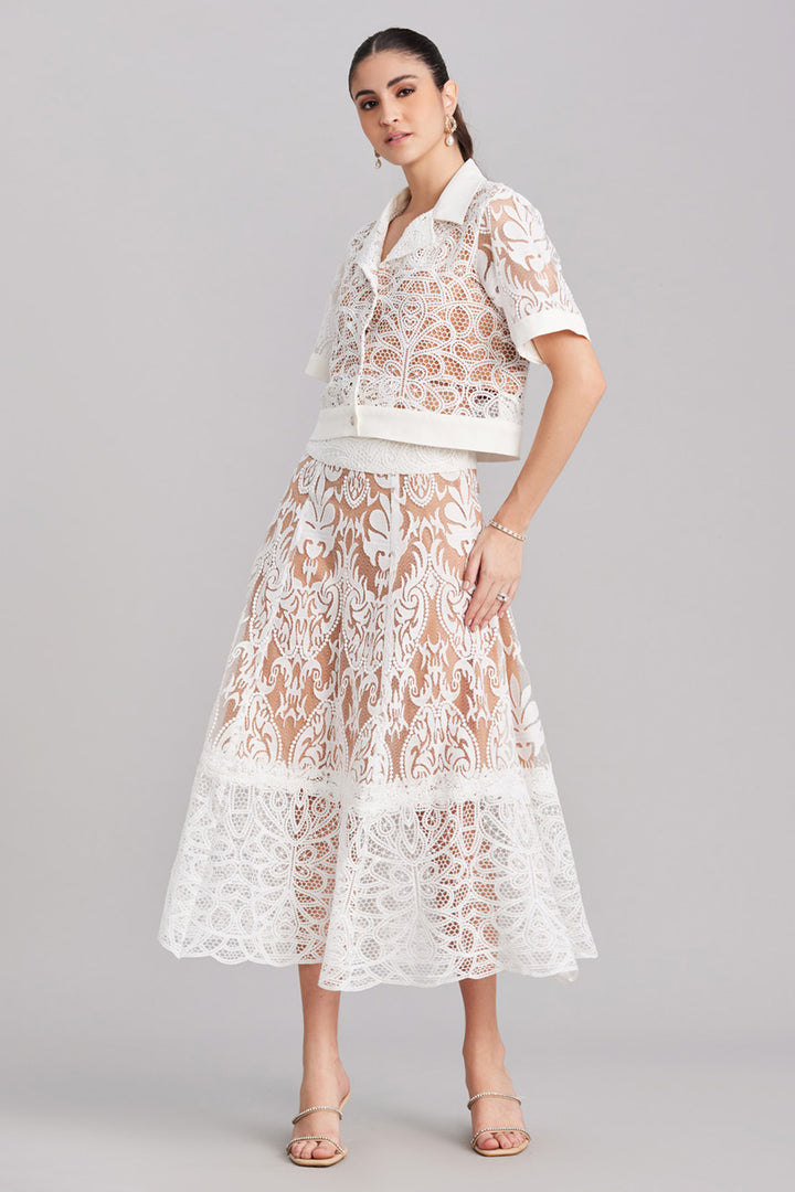 White Lace Cropped Jacket & Flared Skirt Set