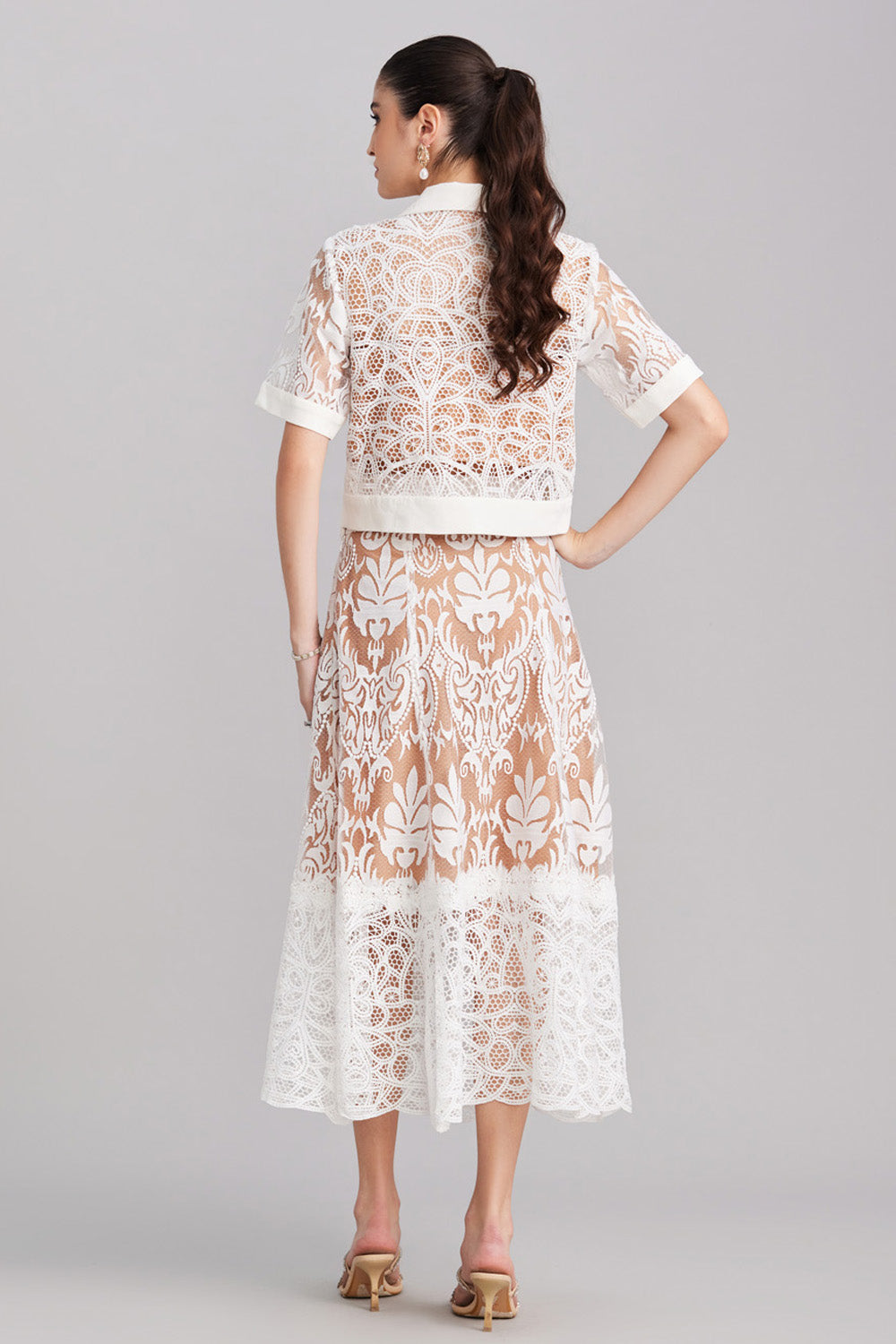 White Lace Cropped Jacket & Flared Skirt Set