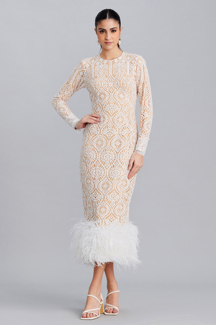 White Lace Feather Midi Dress