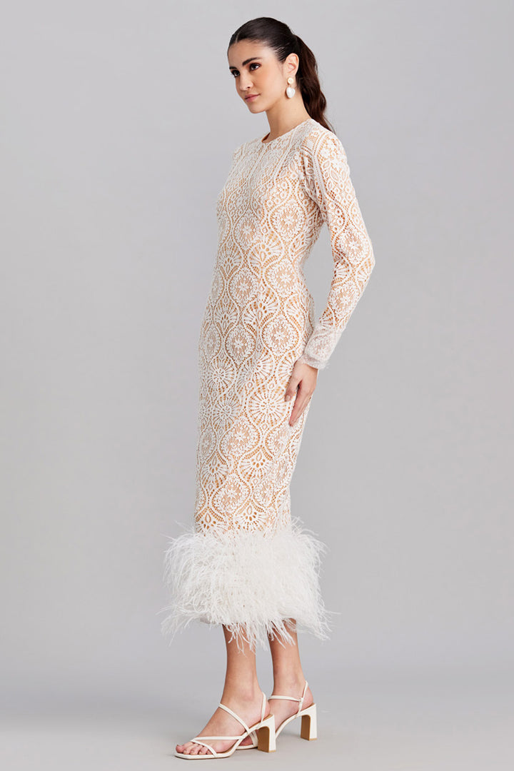 White Lace Feather Midi Dress