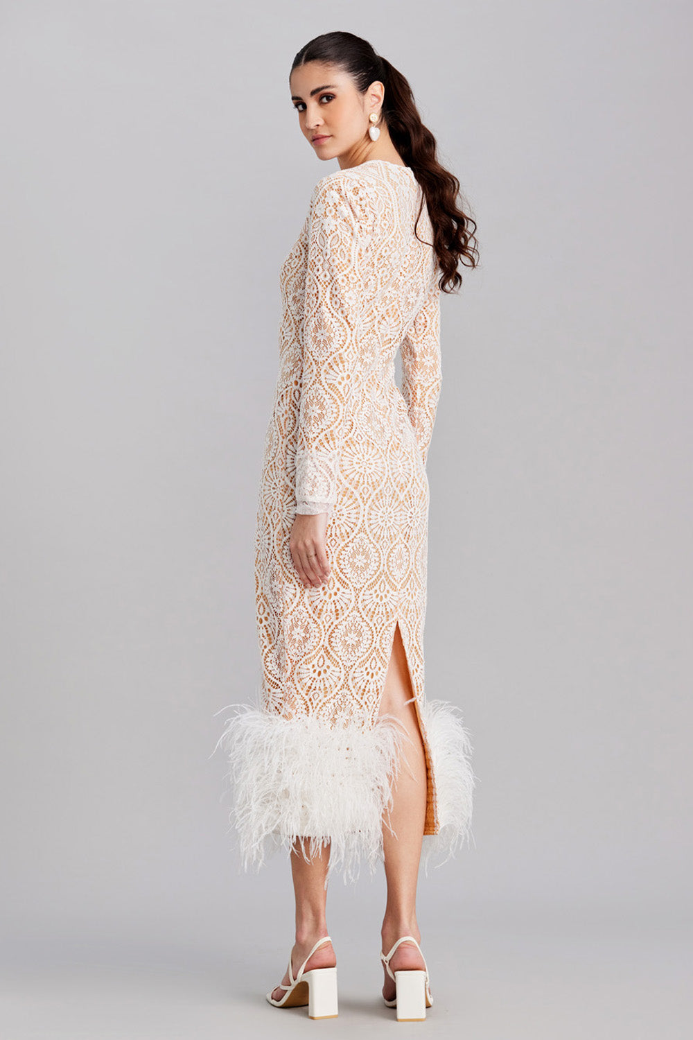 White Lace Feather Midi Dress