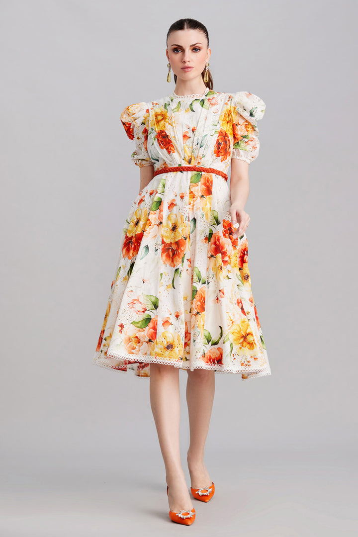 White Base With Floral Print Dress