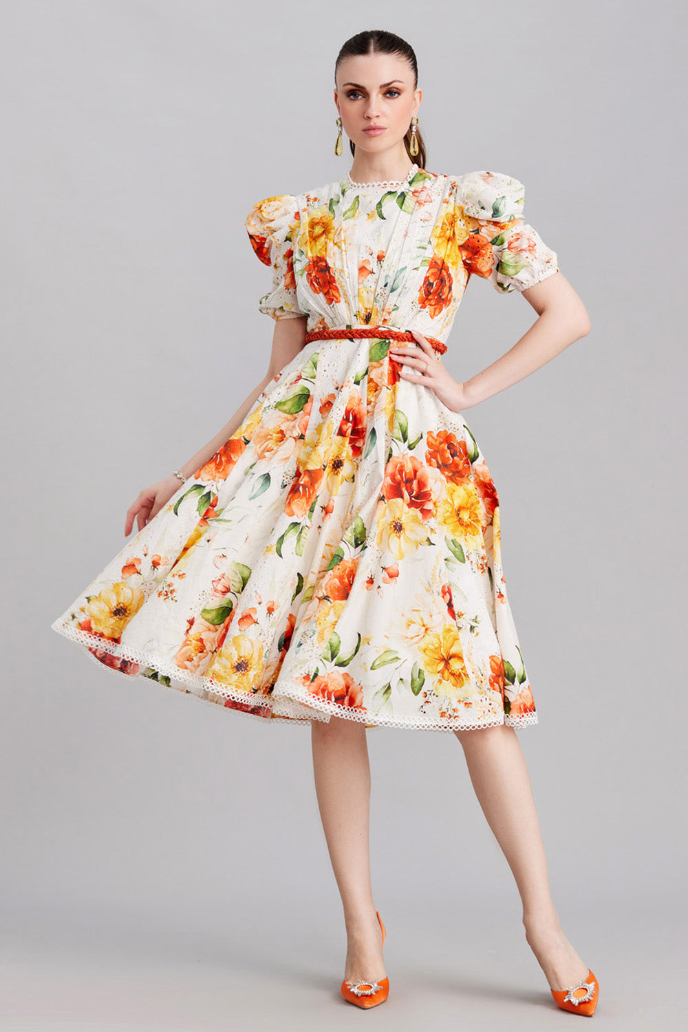 White Base With Floral Print Dress