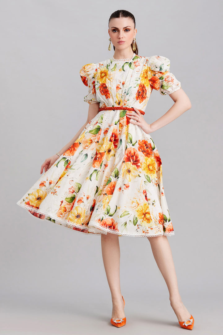 White Base With Floral Print Dress