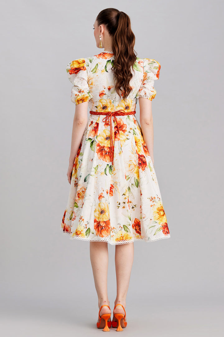 White Base With Floral Print Dress