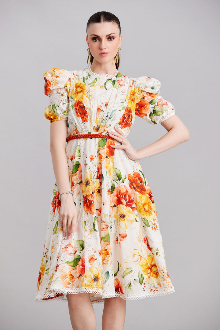 White Base With Floral Print Dress