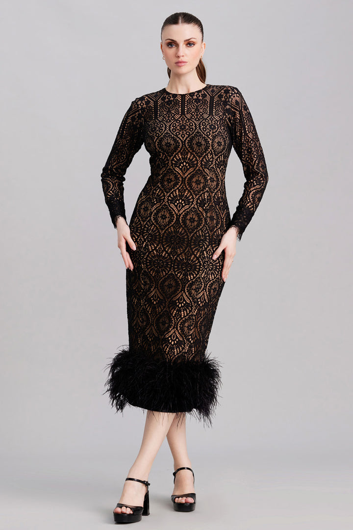 Black Lace and Feather Midi Dress