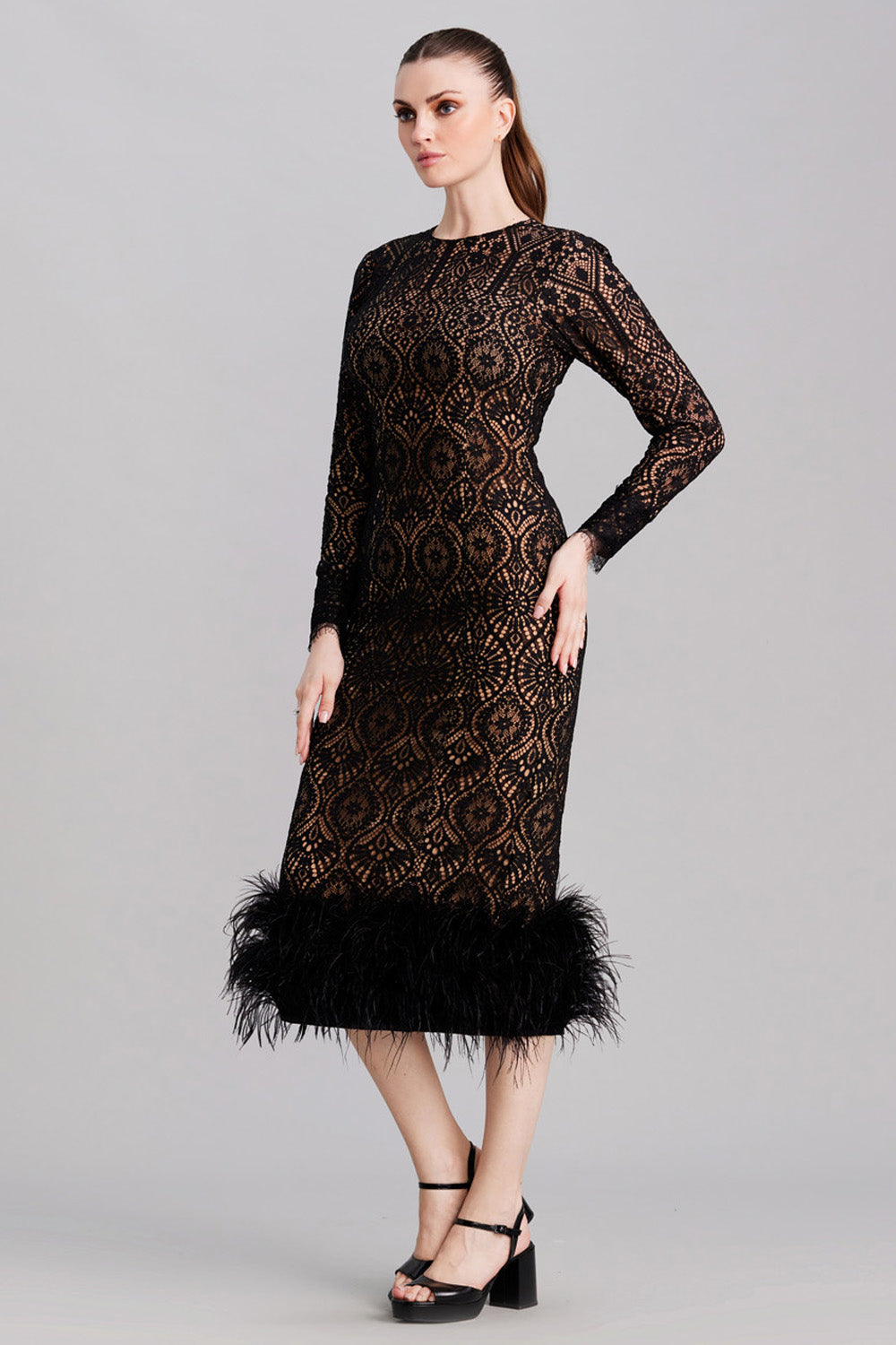 Black Lace and Feather Midi Dress