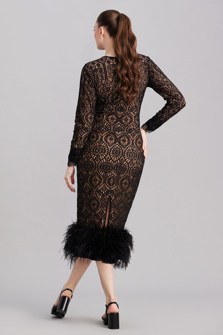 Black Lace and Feather Midi Dress