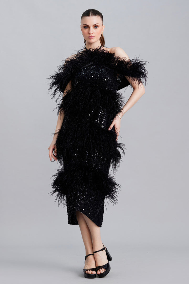 Noir Sequin And Feather Midi Dress