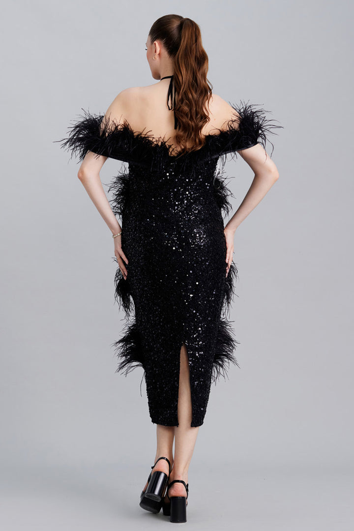 Noir Sequin And Feather Midi Dress