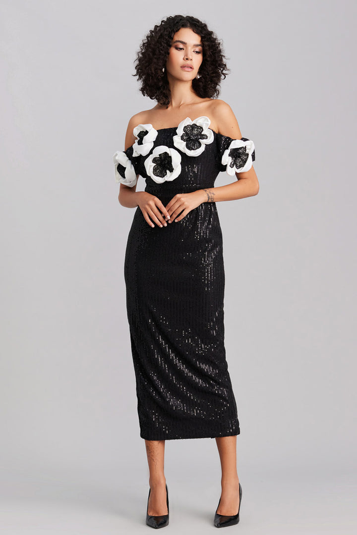 Black Sequin Blossom Midi Dress