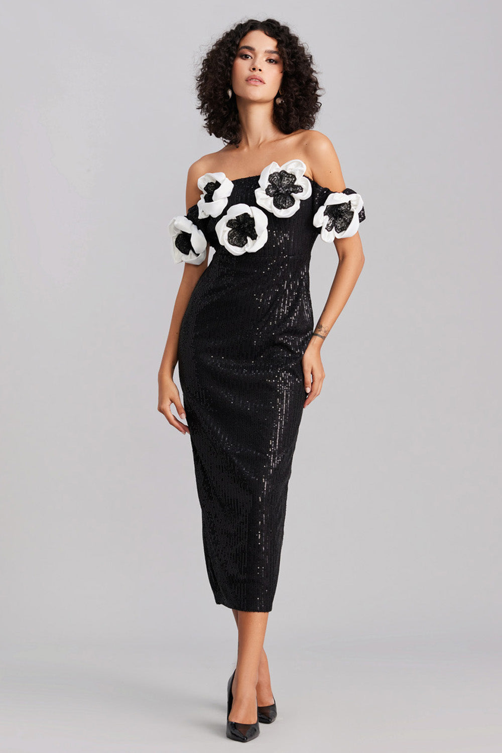 Black Sequin Blossom Midi Dress