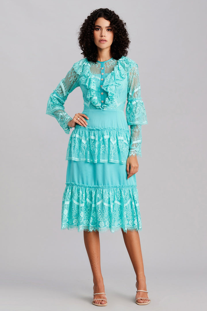 Aqua Blue Pleated Lace Midi Dress