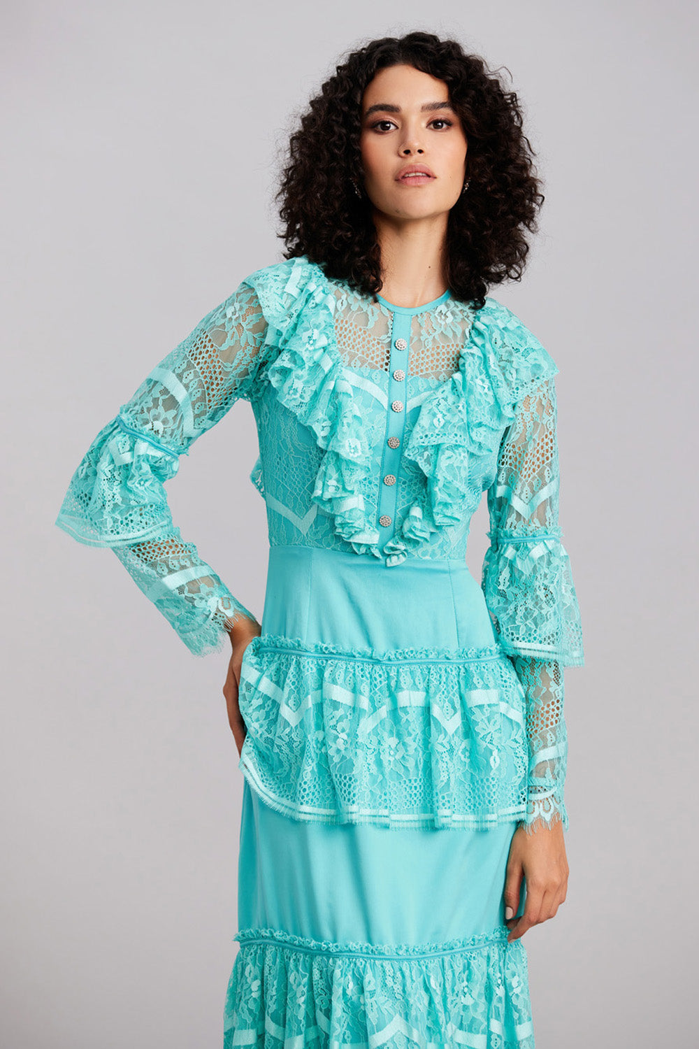 Aqua Blue Pleated Lace Midi Dress