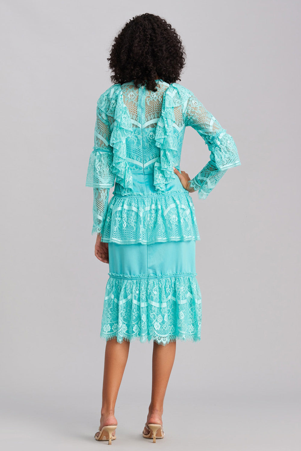 Aqua Blue Pleated Lace Midi Dress