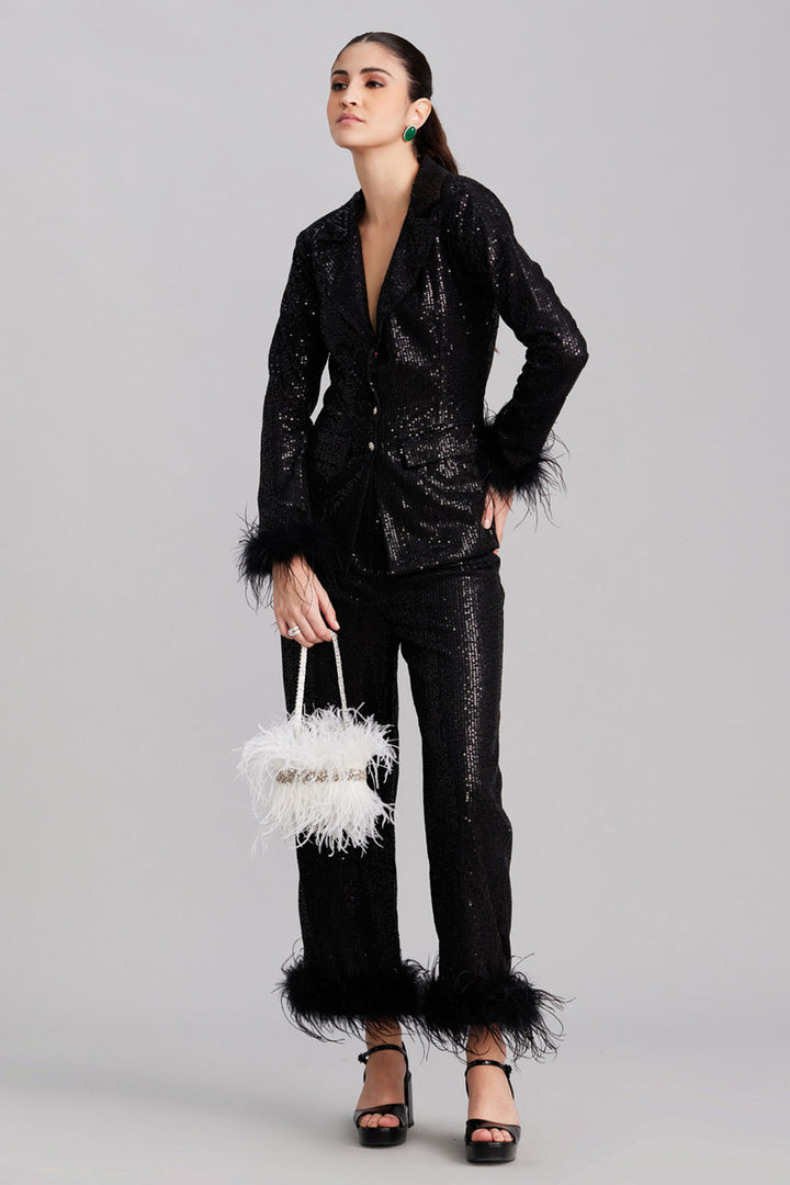 Black Sequin & Feather Blazer Pants Set