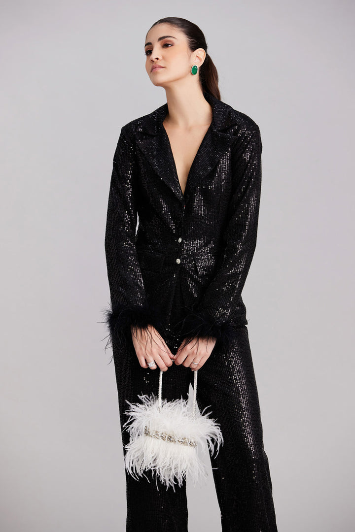 Black Sequin & Feather Blazer Pants Set