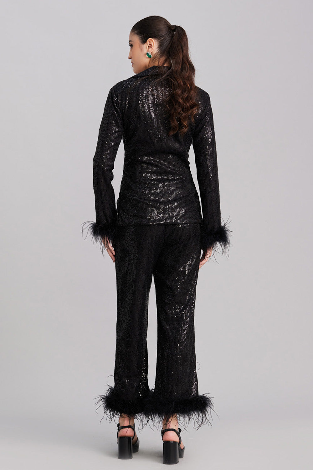 Black Sequin & Feather Blazer Pants Set