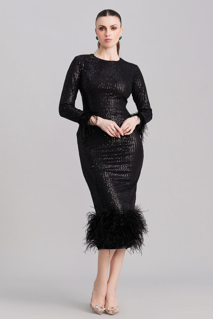 Black Sequin Dress with Feathers