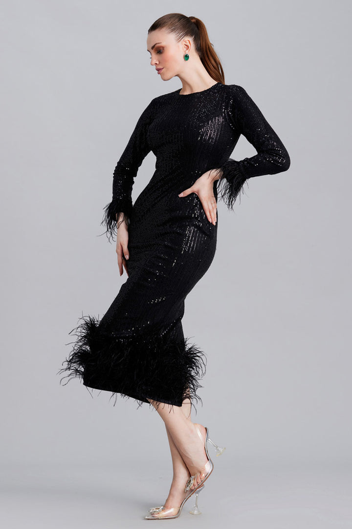 Black Sequin Dress with Feathers